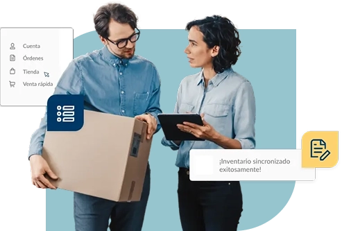 control bi imagen banner principal hombre con una caja y mujer con tablet haciendo inventario